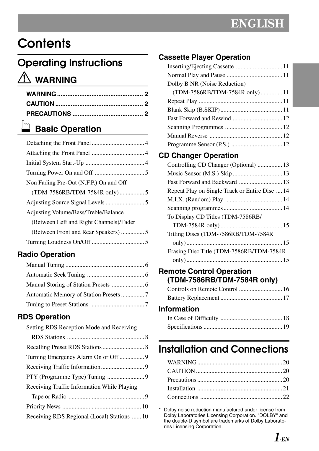 Alpine TDM-7586RB, TDM-7584R, TDM-7582R owner manual Contents 