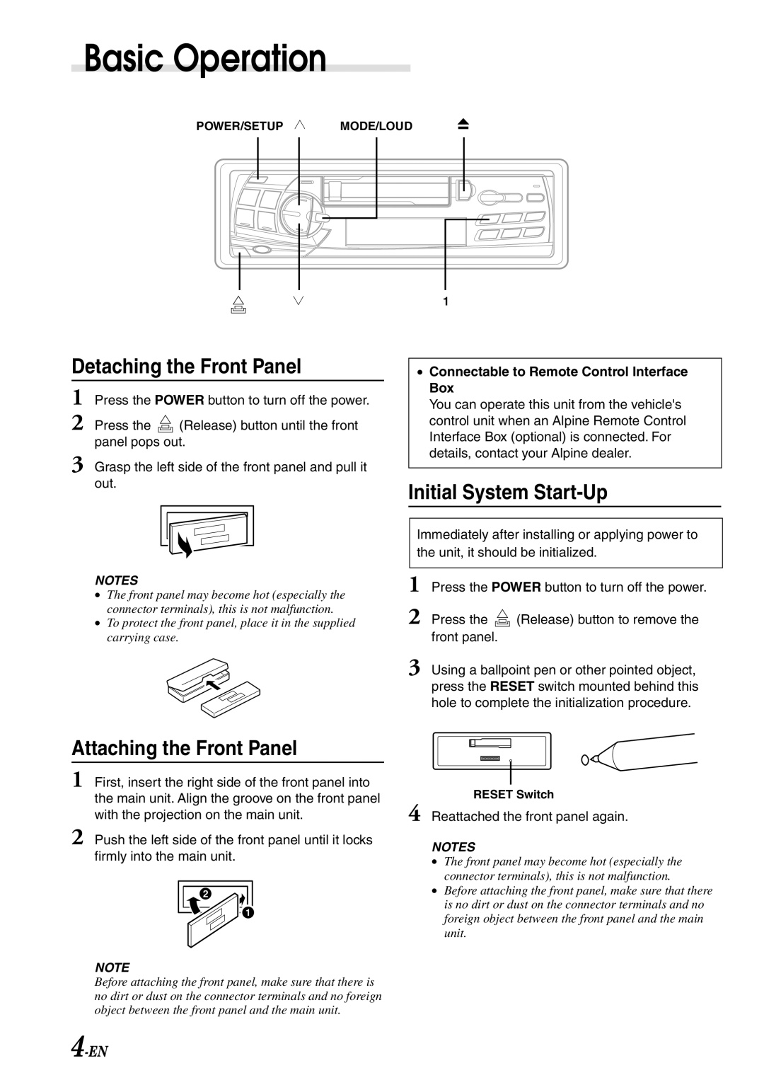 Alpine TDM-7586RB Basic Operation, Detaching the Front Panel, Initial System Start-Up, Attaching the Front Panel 