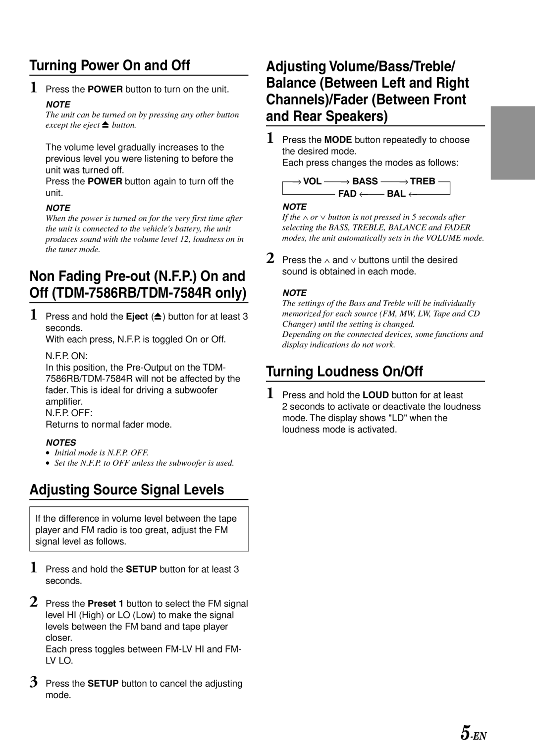 Alpine TDM-7584R, TDM-7582R Turning Power On and Off, Adjusting Source Signal Levels, Turning Loudness On/Off, Fad ← Bal ← 