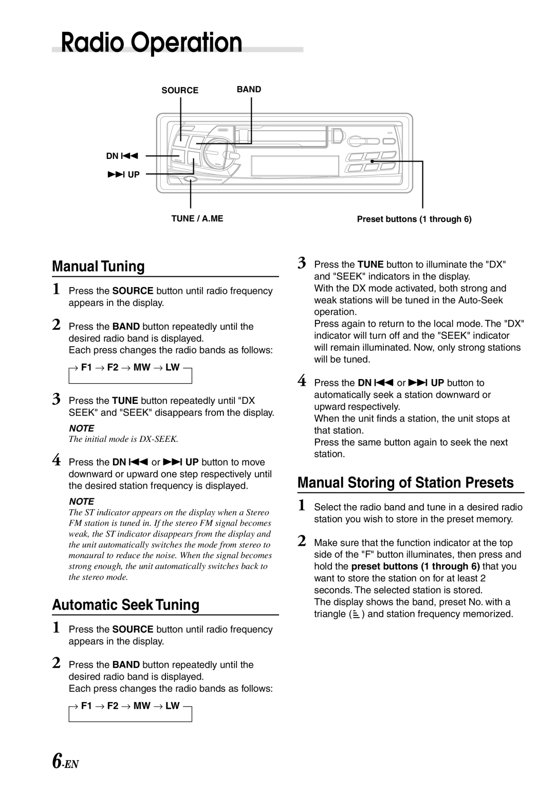 Alpine TDM-7582R, TDM-7586RB Radio Operation, Manual Tuning, Automatic Seek Tuning, Manual Storing of Station Presets 