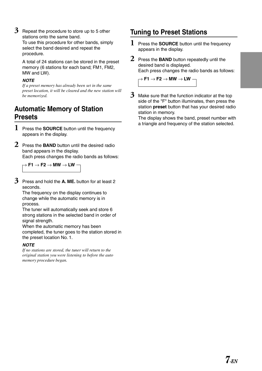 Alpine TDM-7586RB, TDM-7584R, TDM-7582R owner manual Automatic Memory of Station Presets, Tuning to Preset Stations 