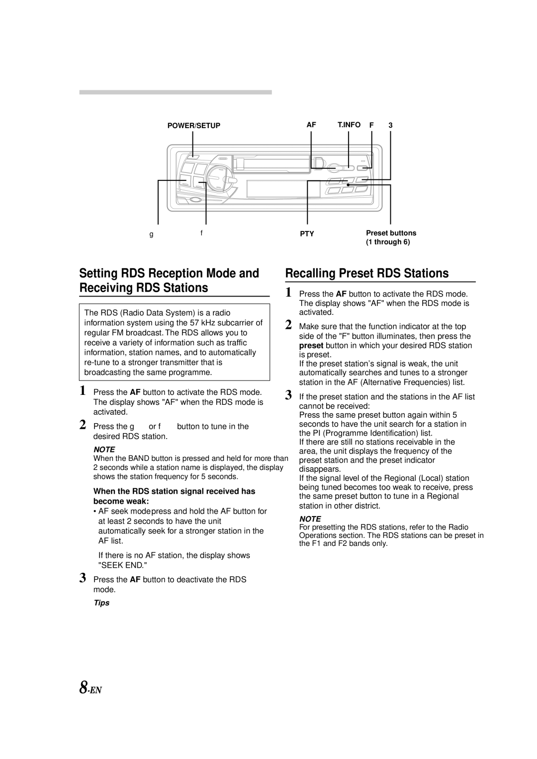 Alpine TDM-9501R RDS Operation, Setting RDS Reception Mode and Receiving RDS Stations, Recalling Preset RDS Stations 