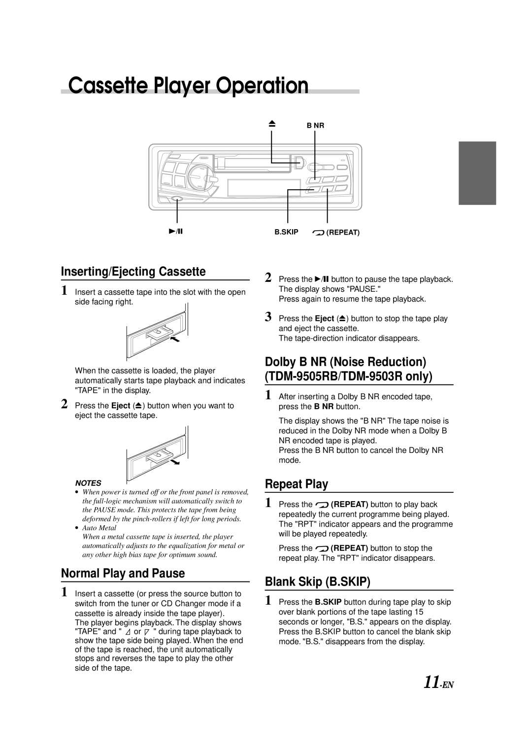 Alpine TDM-9503R, TDM-9505RB Cassette Player Operation, Inserting/Ejecting Cassette, Repeat Play, Normal Play and Pause 