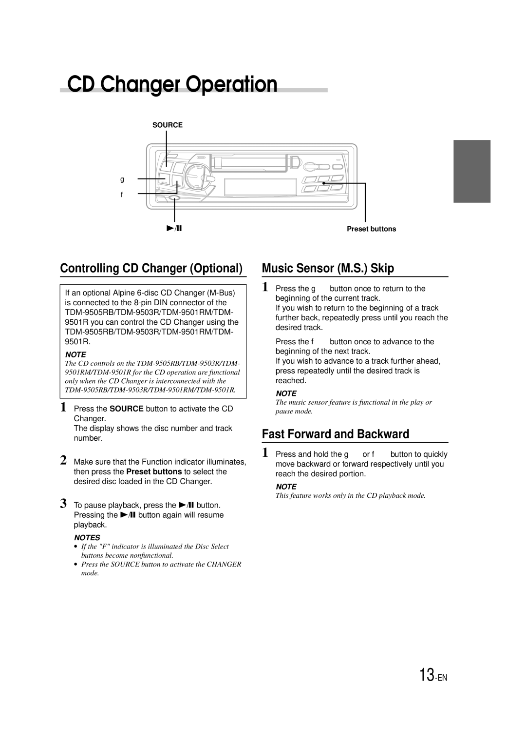 Alpine TDM-9505RB CD Changer Operation, Controlling CD Changer Optional Music Sensor M.S. Skip, Fast Forward and Backward 