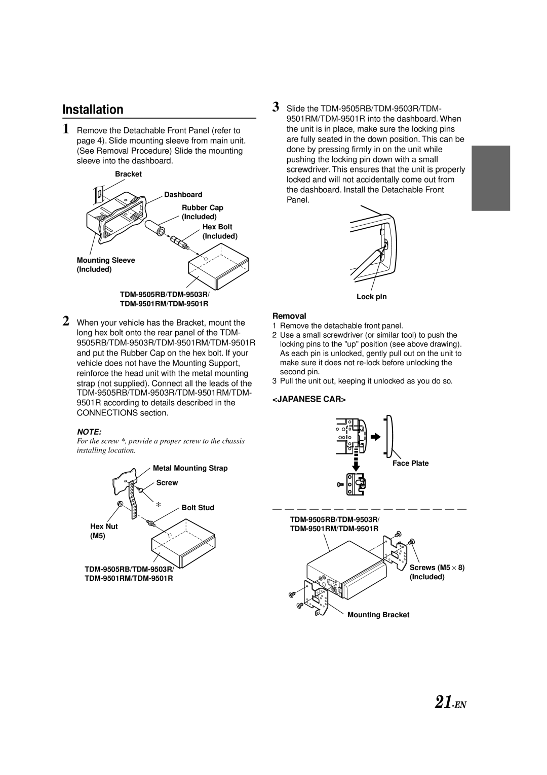 Alpine TDM-9505RB, TDM-9501RM, TDM-9503R owner manual Installation, Removal, Japanese CAR 