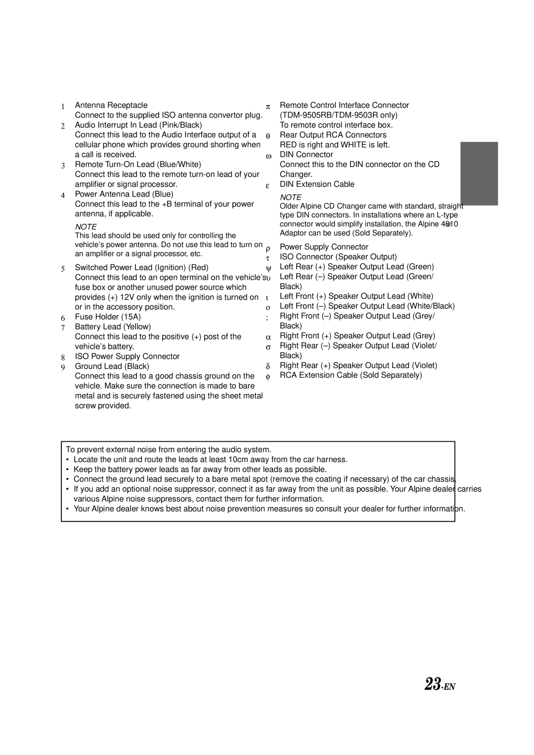 Alpine TDM-9503R, TDM-9505RB Audio Interrupt In Lead Pink/Black, To prevent external noise from entering the audio system 