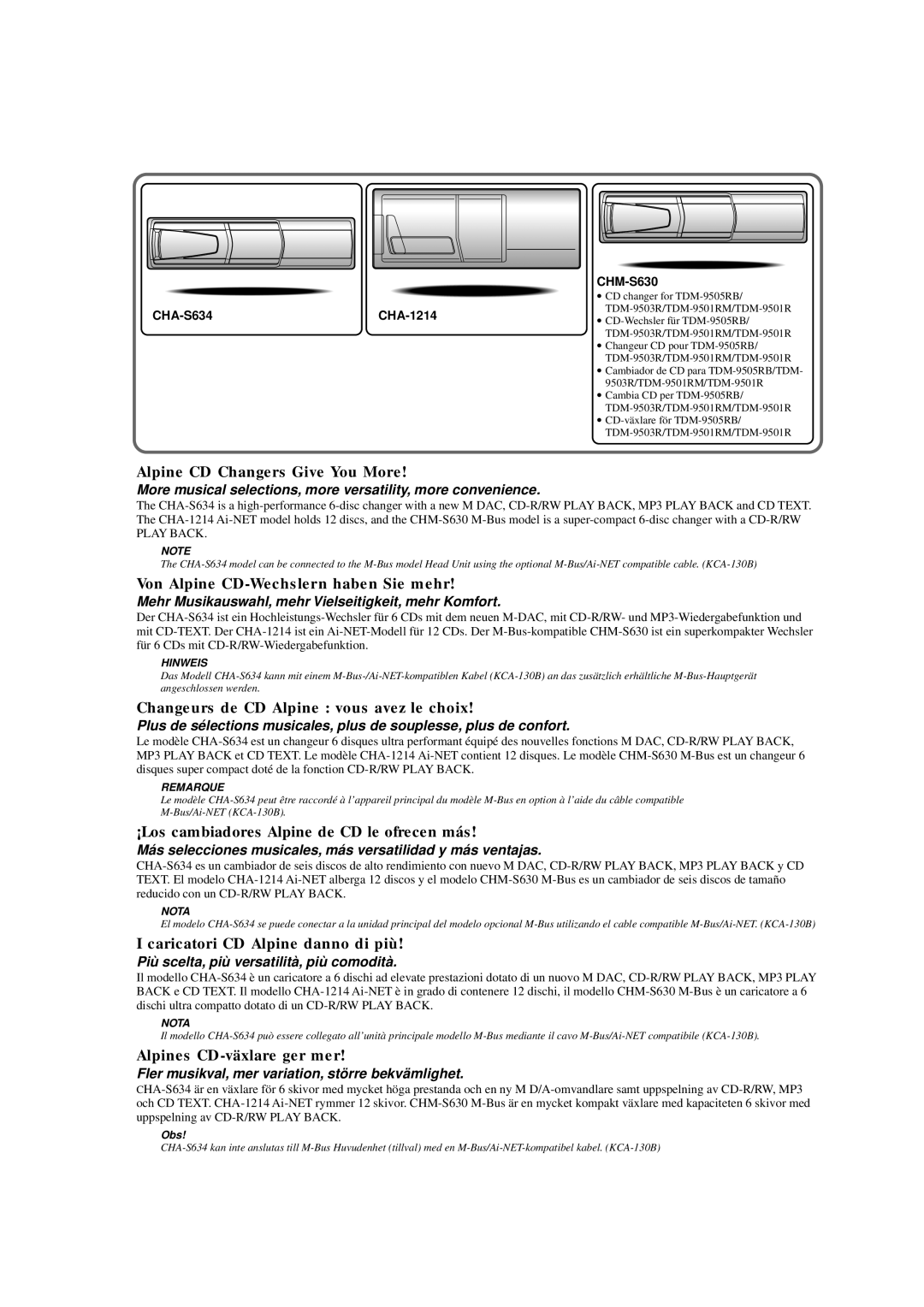 Alpine TDM-9505RB, TDM-9501RM, TDM-9503R owner manual Alpine CD Changers Give You More 