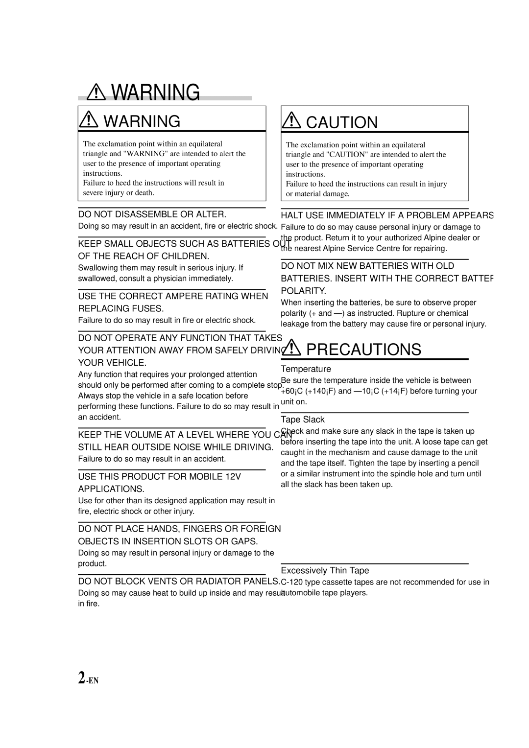 Alpine TDM-9501RM, TDM-9505RB, TDM-9503R owner manual Do not Disassemble or Alter, Halt USE Immediately if a Problem Appears 