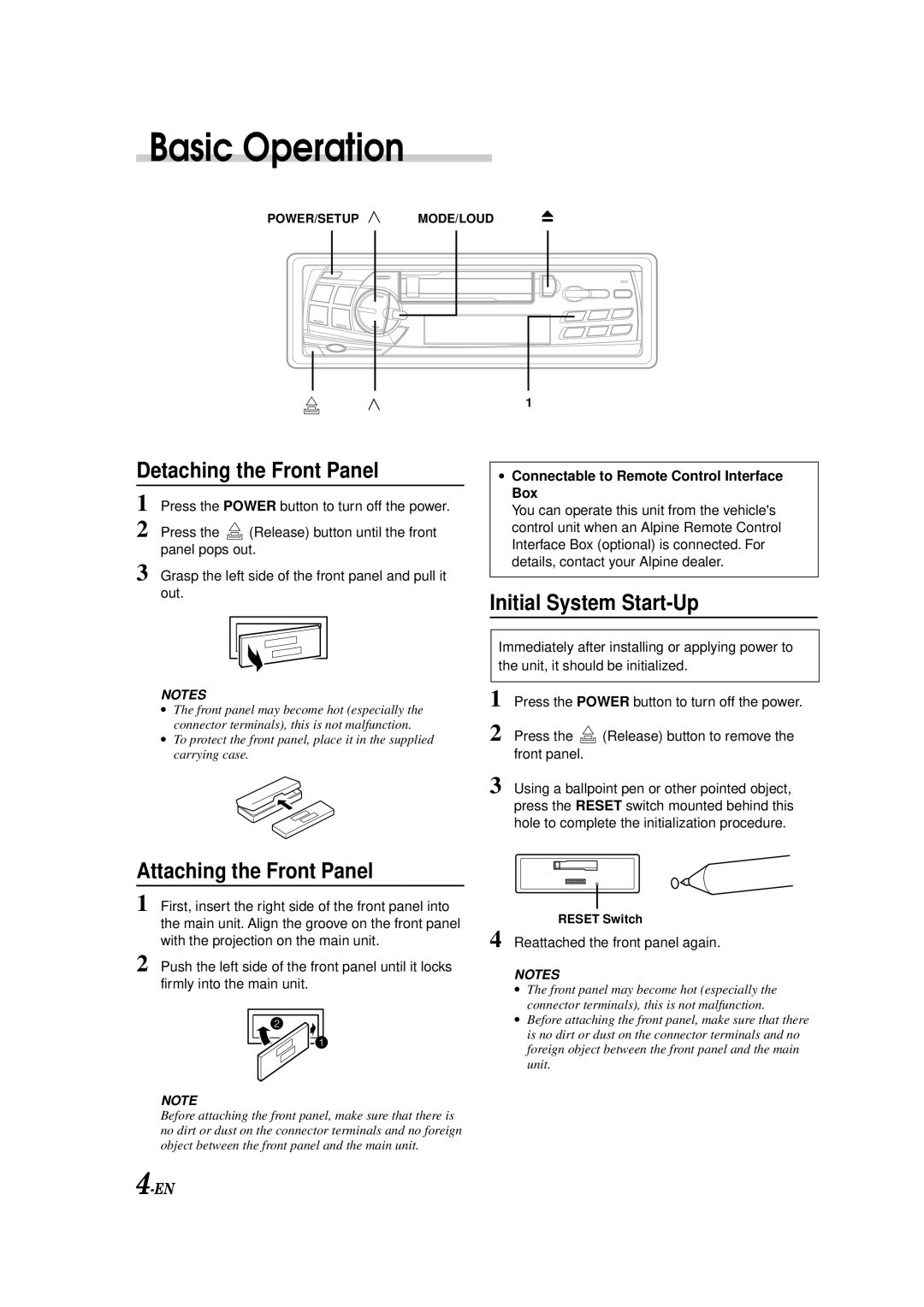 Alpine TDM-9501R, TDM-9503R Basic Operation, Detaching the Front Panel, Attaching the Front Panel, Initial System Start-Up 