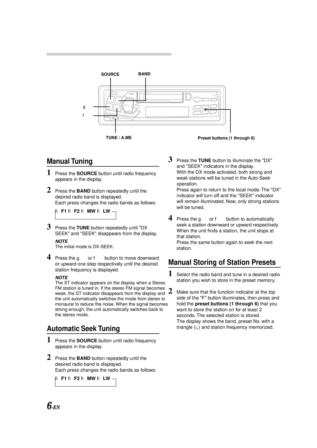 Alpine TDM-9501RM, TDM-9505RB Radio Operation, Manual Tuning, Automatic Seek Tuning, Manual Storing of Station Presets 