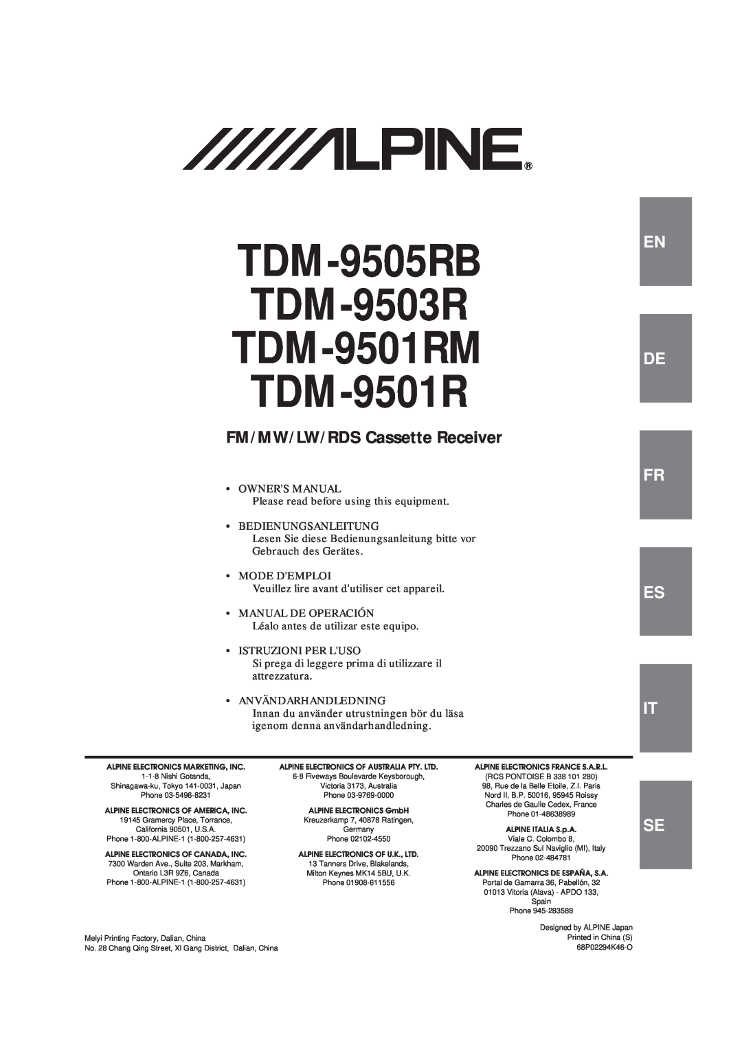 Alpine owner manual TDM-9505RB TDM-9503R TDM-9501RM TDM-9501R, FM/MW/LW/RDS Cassette Receiver, En De Fr Es It 