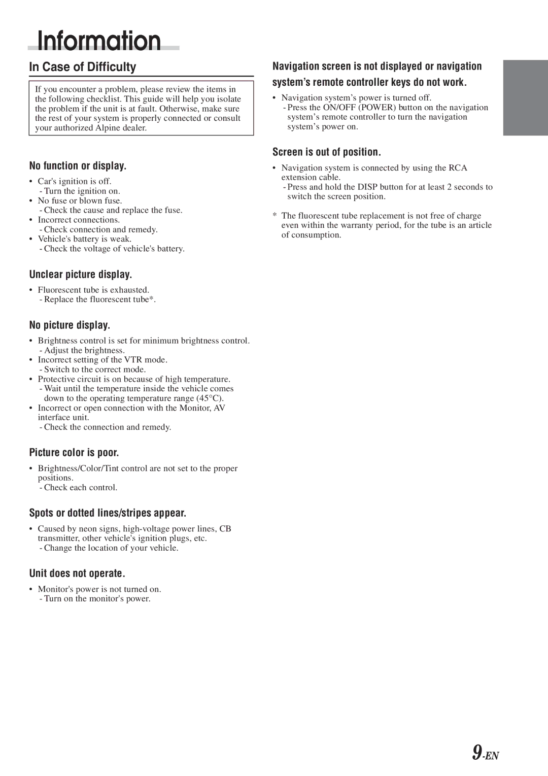 Alpine TME-M710 owner manual Information, Case of Difficulty 