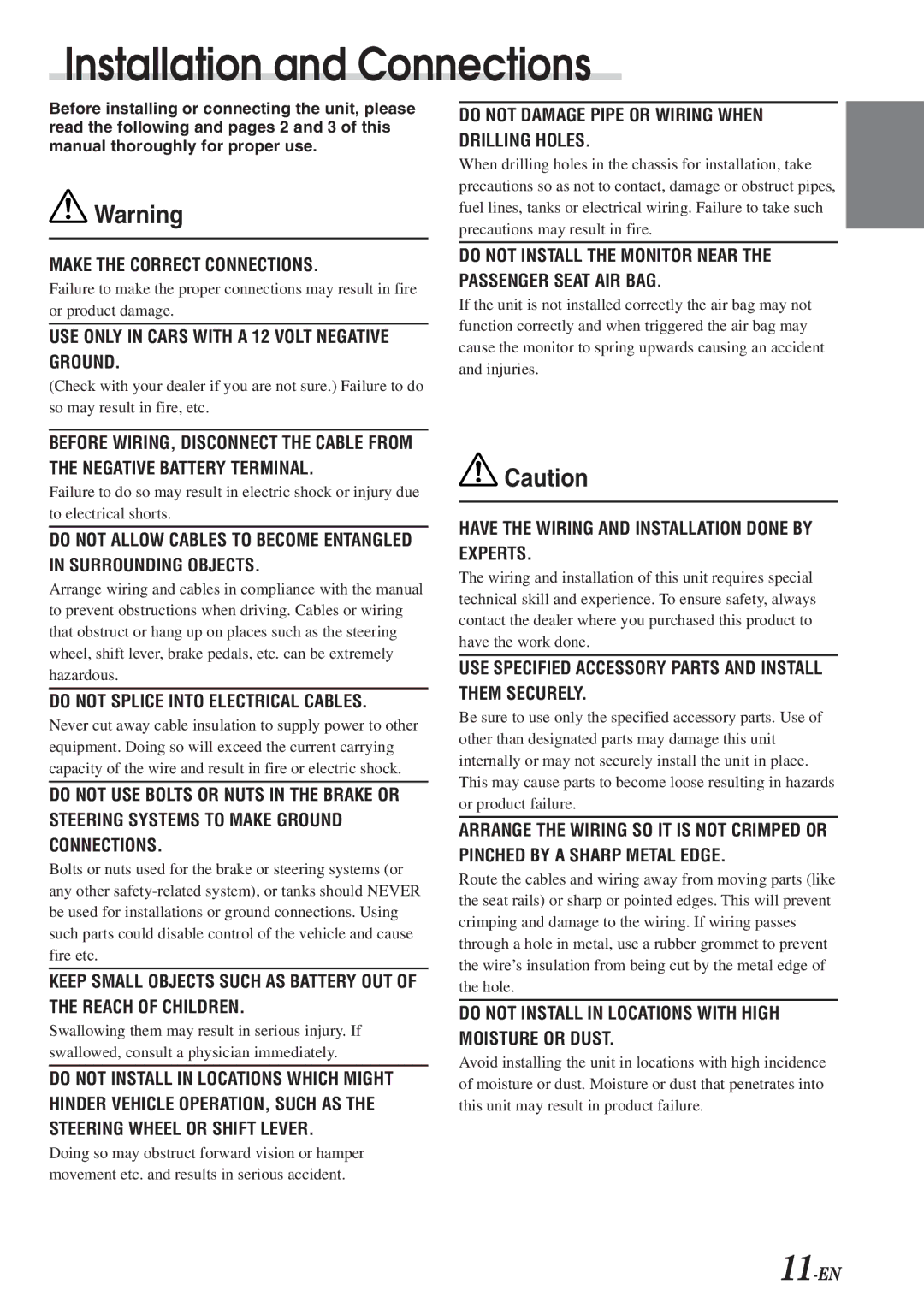 Alpine TME-M710 owner manual Installation and Connections, Do not Damage Pipe or Wiring When Drilling Holes 