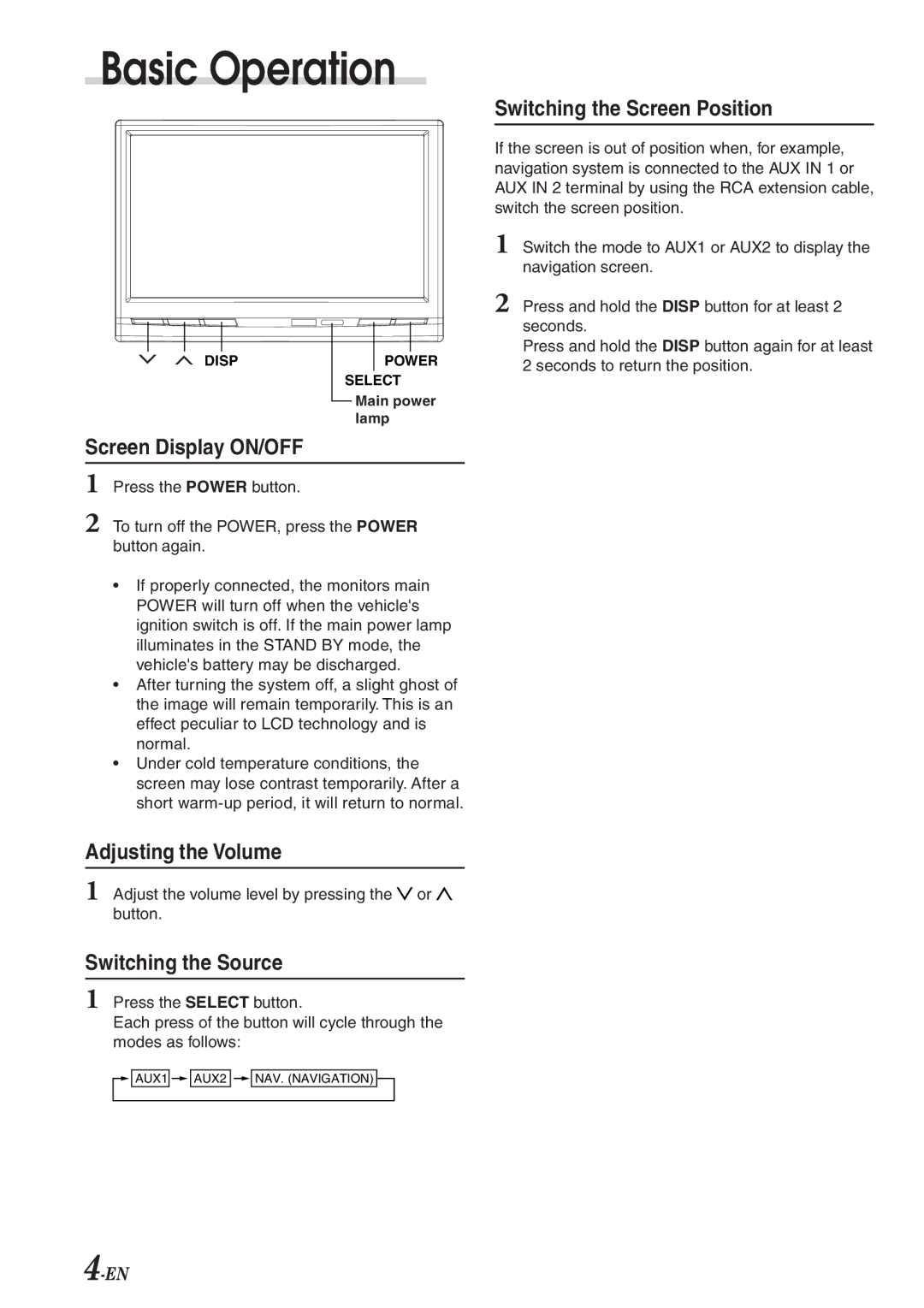 Alpine TME-M710 owner manual Basic Operation, Switching the Screen Position, Screen Display ON/OFF, Adjusting the Volume 