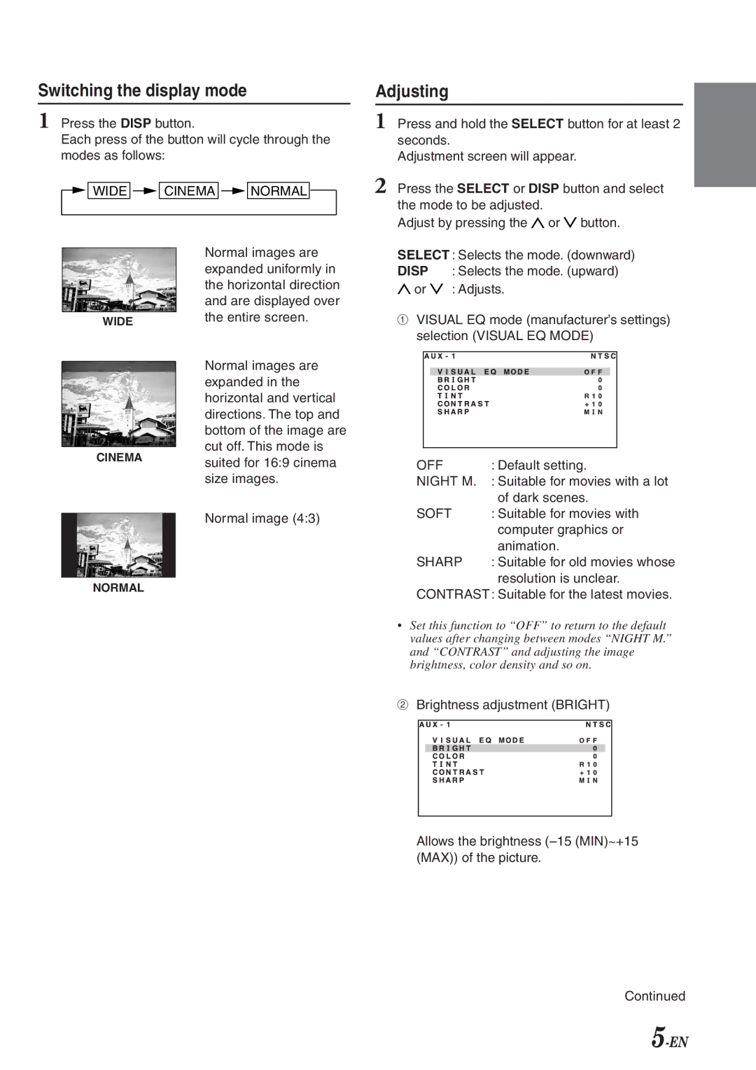 Alpine TME-M710 owner manual Switching the display mode, Adjusting 