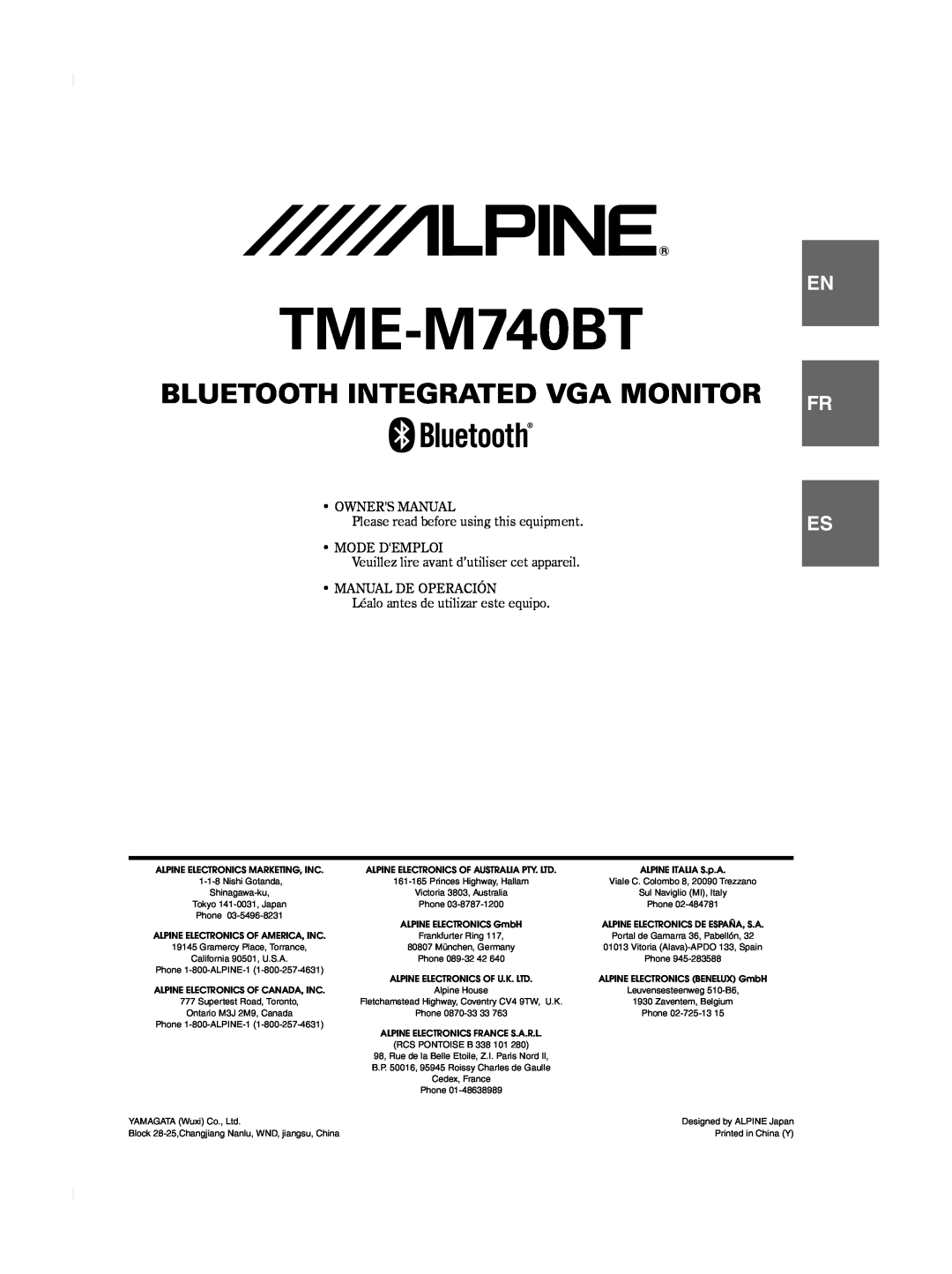 Alpine TME-M740BT owner manual Bluetooth Integrated Vga Monitor, Fr Es, Léalo antes de utilizar este equipo 