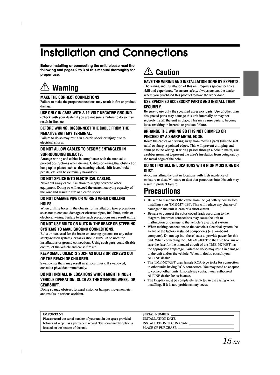 Alpine TME-M740BT owner manual Installation and Connections, Precautions, 15-EN 