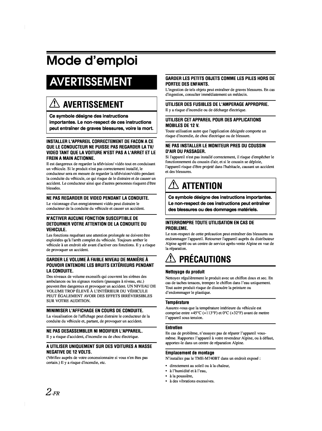 Alpine TME-M740BT owner manual Mode d’emploi, Avertissement, Précautions, 2-FR 