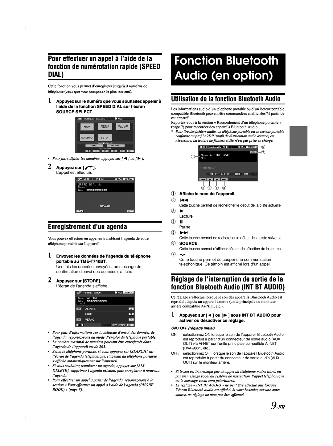 Alpine TME-M740BT Fonction Bluetooth Audio en option, Enregistrement d’un agenda, 9-FR, Source Select, Appuyez sur 
