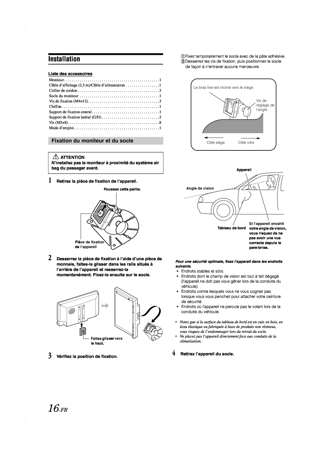 Alpine TME-M740BT owner manual Fixation du moniteur et du socle, 16-FR, Installation, Liste des accessoires 