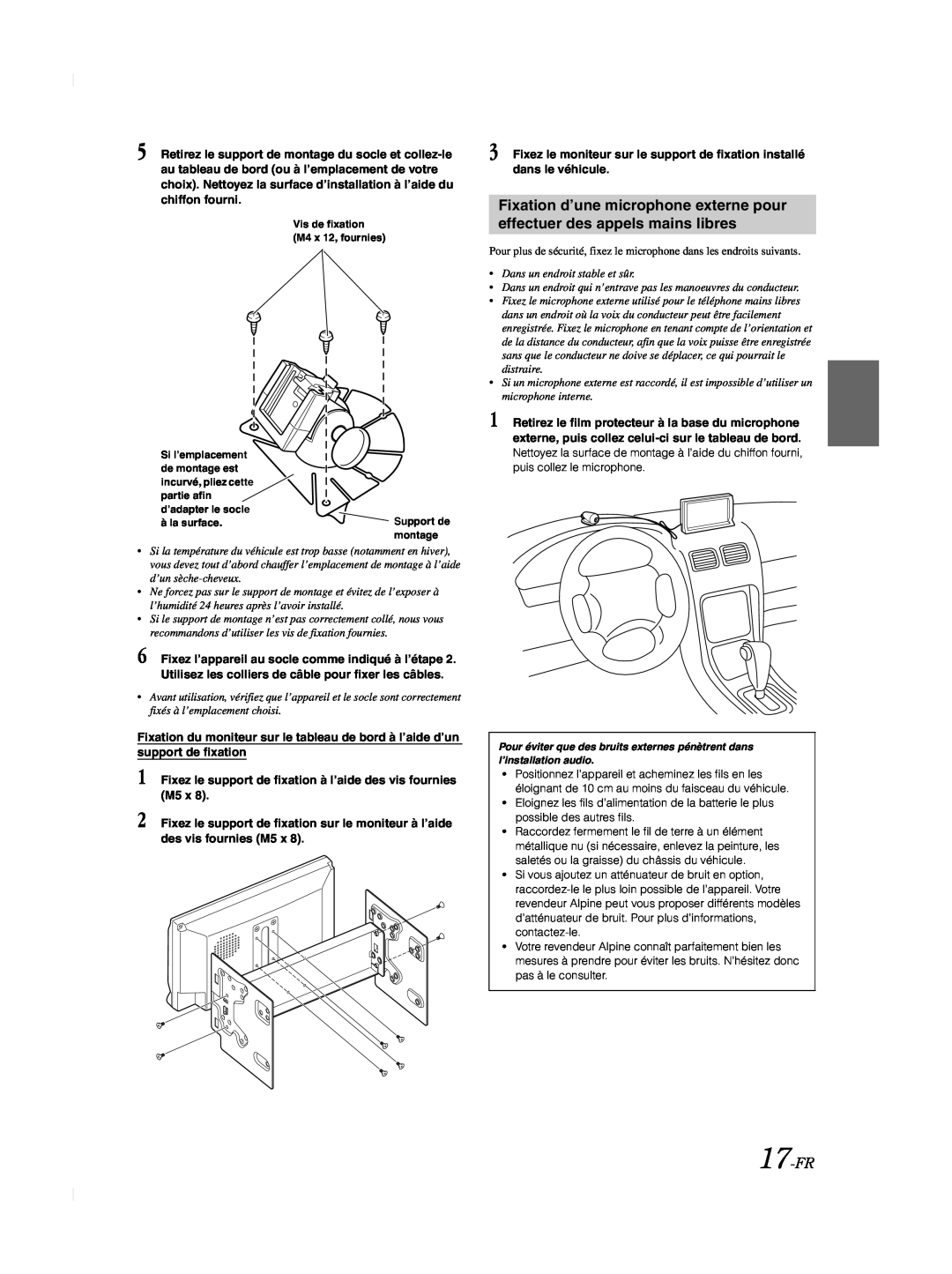 Alpine TME-M740BT owner manual 17-FR, Fixez le support de fixation à l’aide des vis fournies M5 