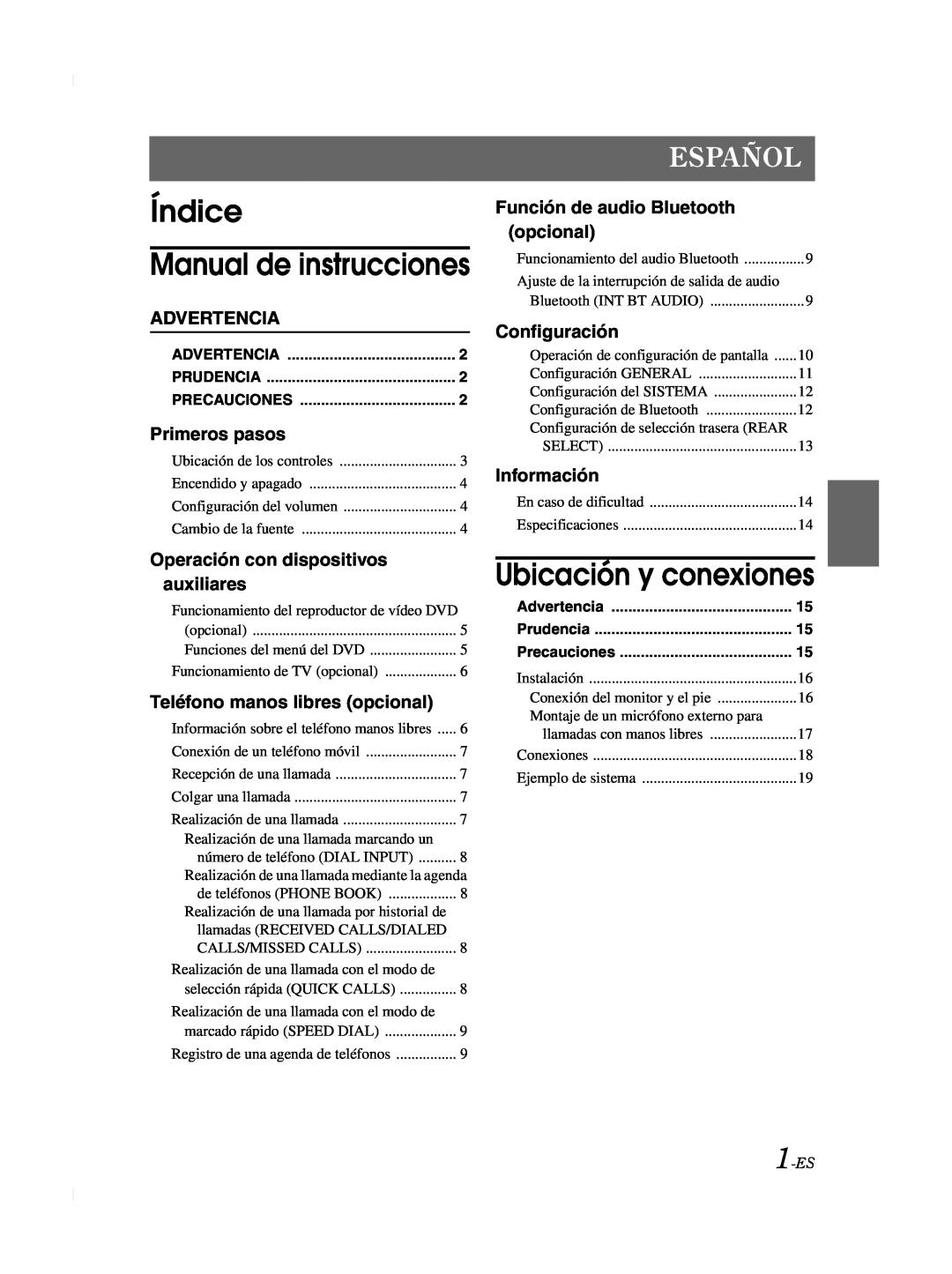 Alpine TME-M740BT Índice Manual de instrucciones, Ubicación y conexiones, Español, Advertencia, Primeros pasos, opcional 