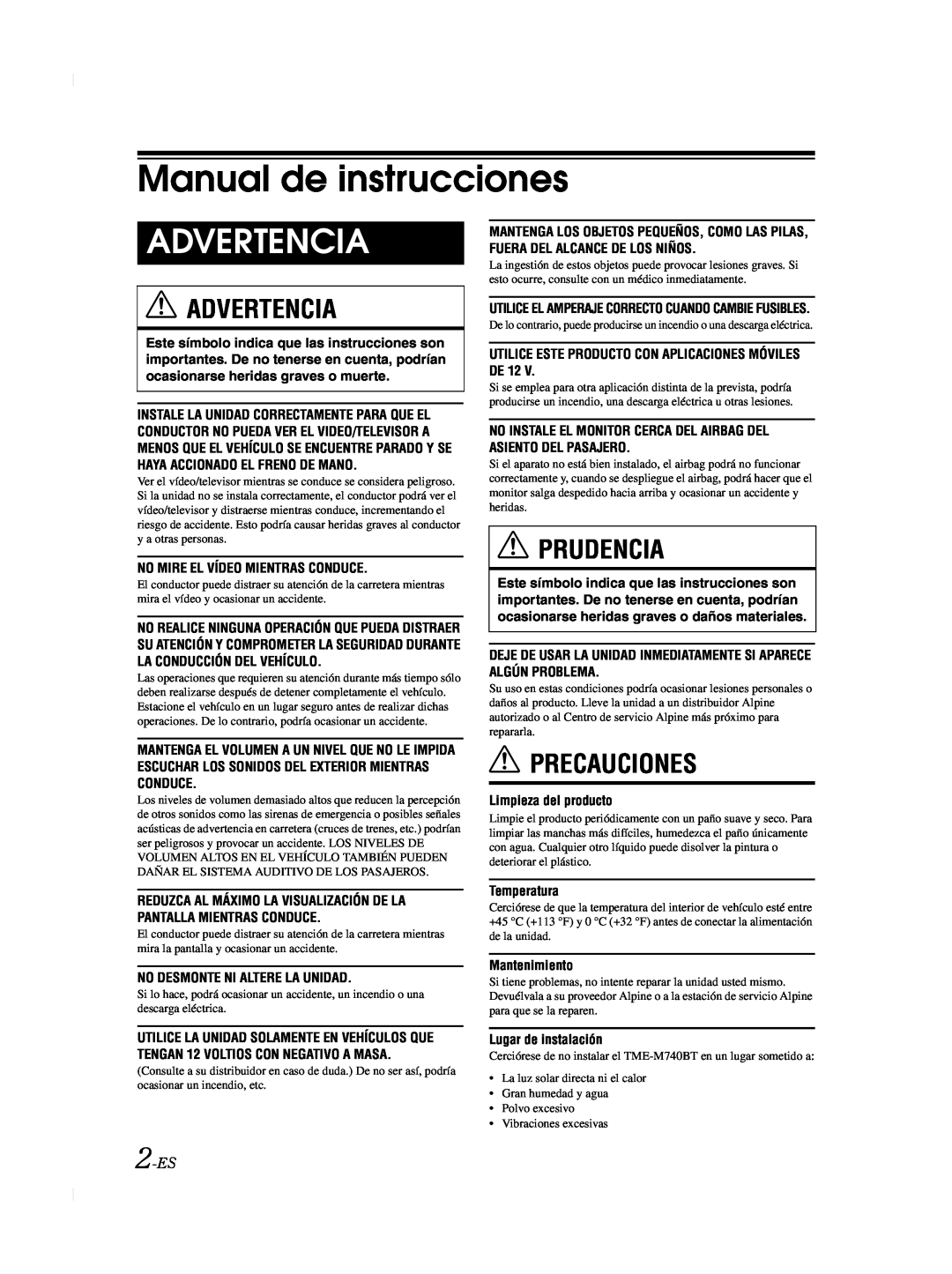 Alpine TME-M740BT owner manual Manual de instrucciones, Advertencia, Prudencia, Precauciones, 2-ES 
