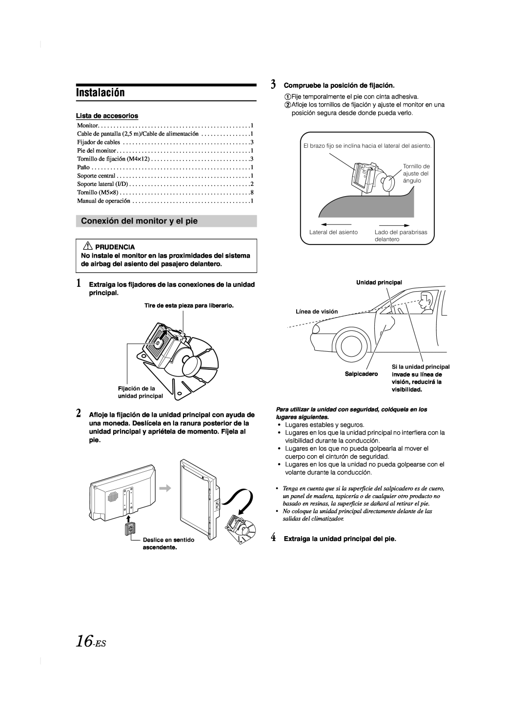 Alpine TME-M740BT owner manual Instalación, Conexión del monitor y el pie, 16-ES, Lista de accesorios, Prudencia 