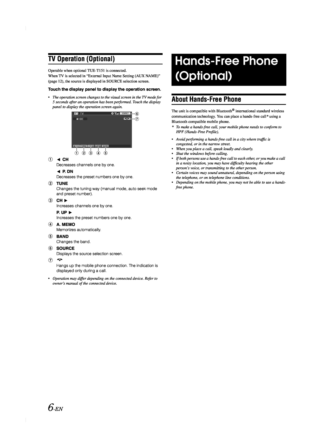 Alpine TME-M740BT Hands-Free Phone Optional, TV Operation Optional, About Hands-Free Phone, 6-EN, P. Dn, Tune, P. Up, Band 