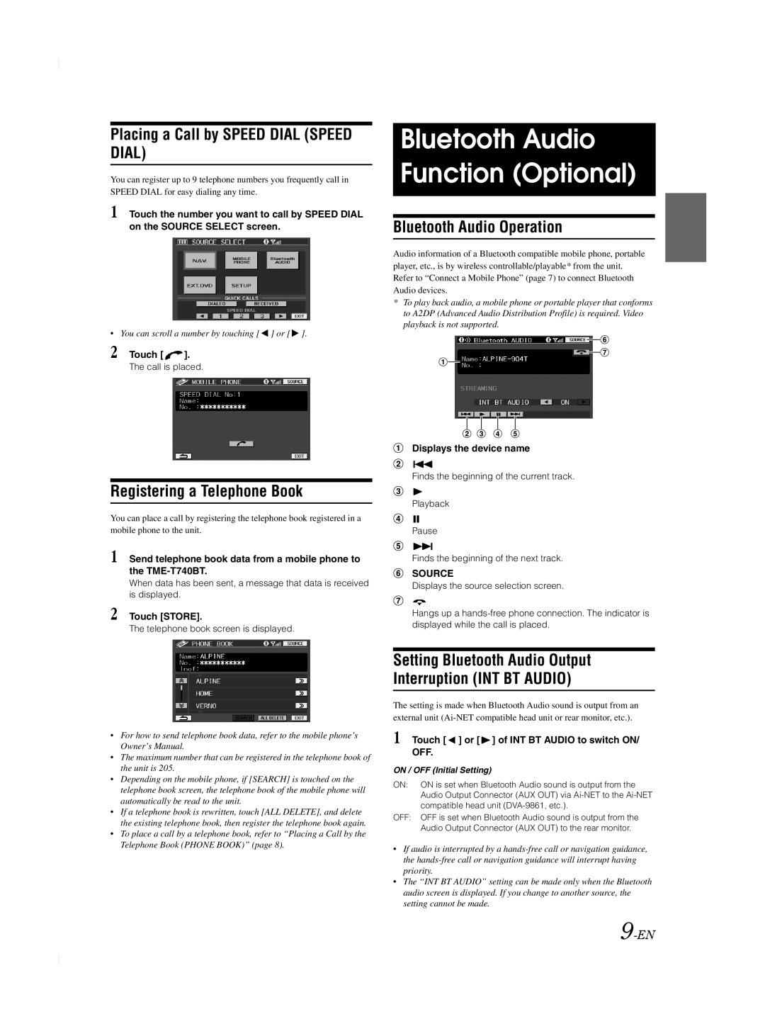 Alpine TME-M740BT Bluetooth Audio Function Optional, Placing a Call by Speed Dial Speed Dial, Registering a Telephone Book 