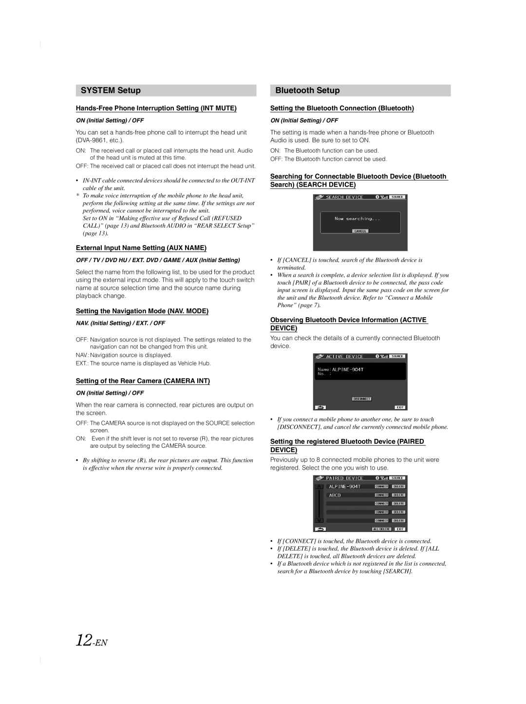 Alpine TME-M740BT owner manual System Setup, Bluetooth Setup, 12-EN 