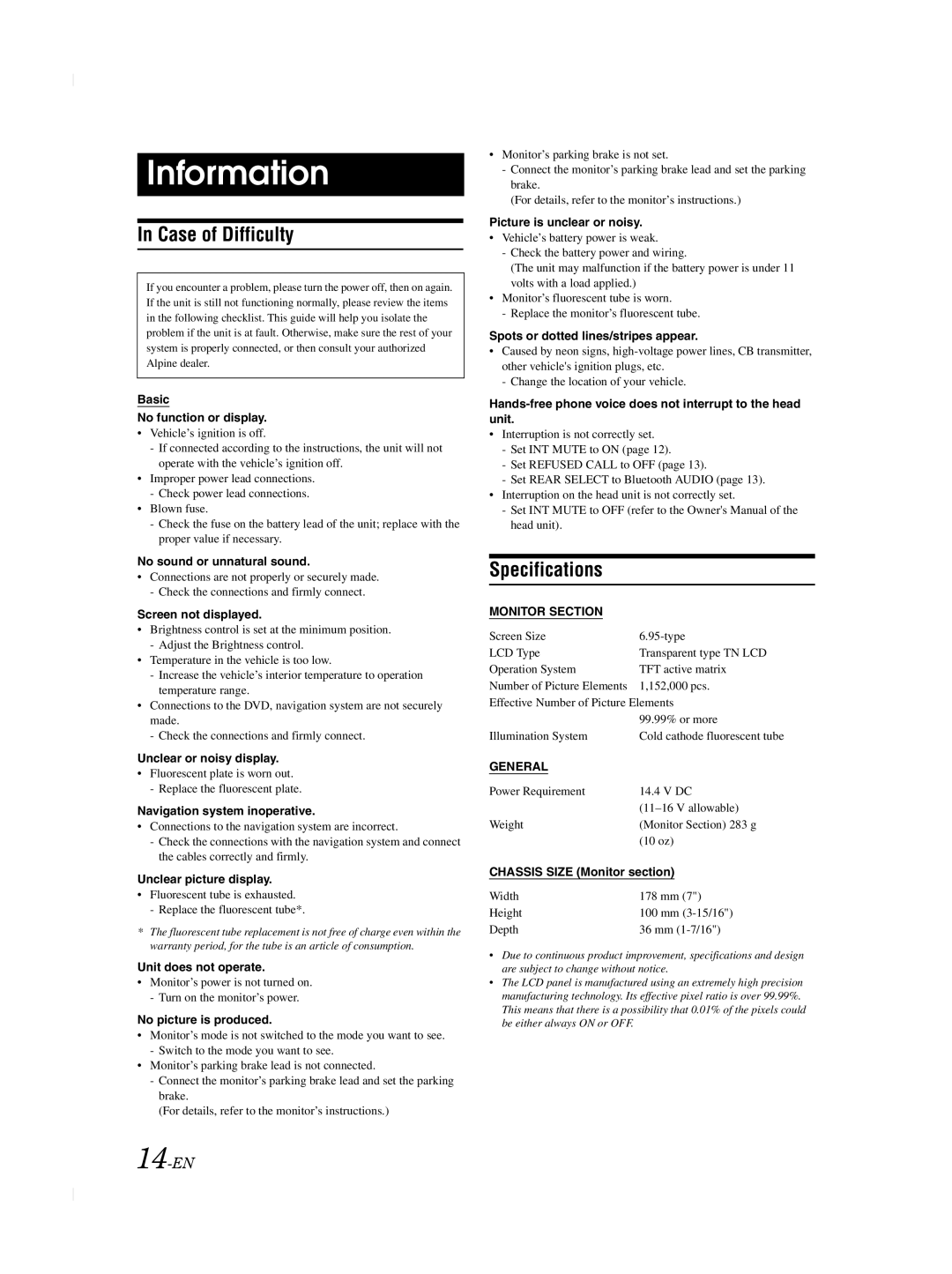 Alpine TME-M740BT owner manual Information, Case of Difficulty, Specifications, 14-EN, Monitor Section 