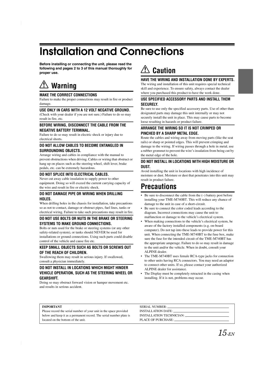 Alpine TME-M740BT owner manual Installation and Connections, 15-EN 