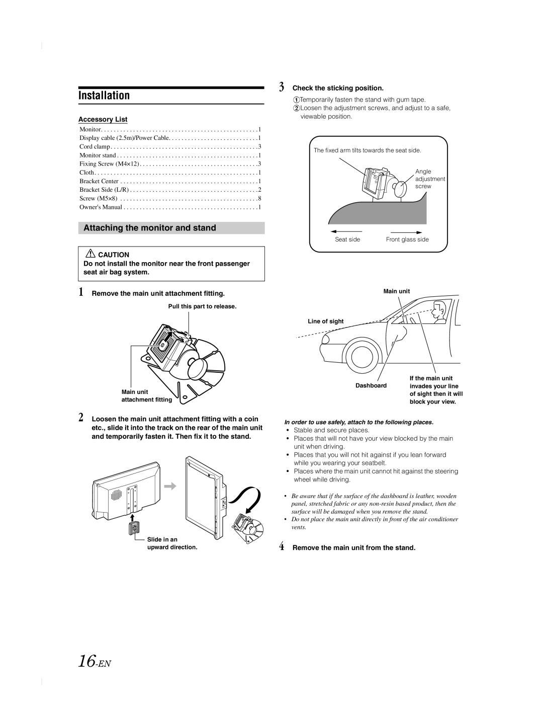 Alpine TME-M740BT owner manual Installation, Attaching the monitor and stand, 16-EN 