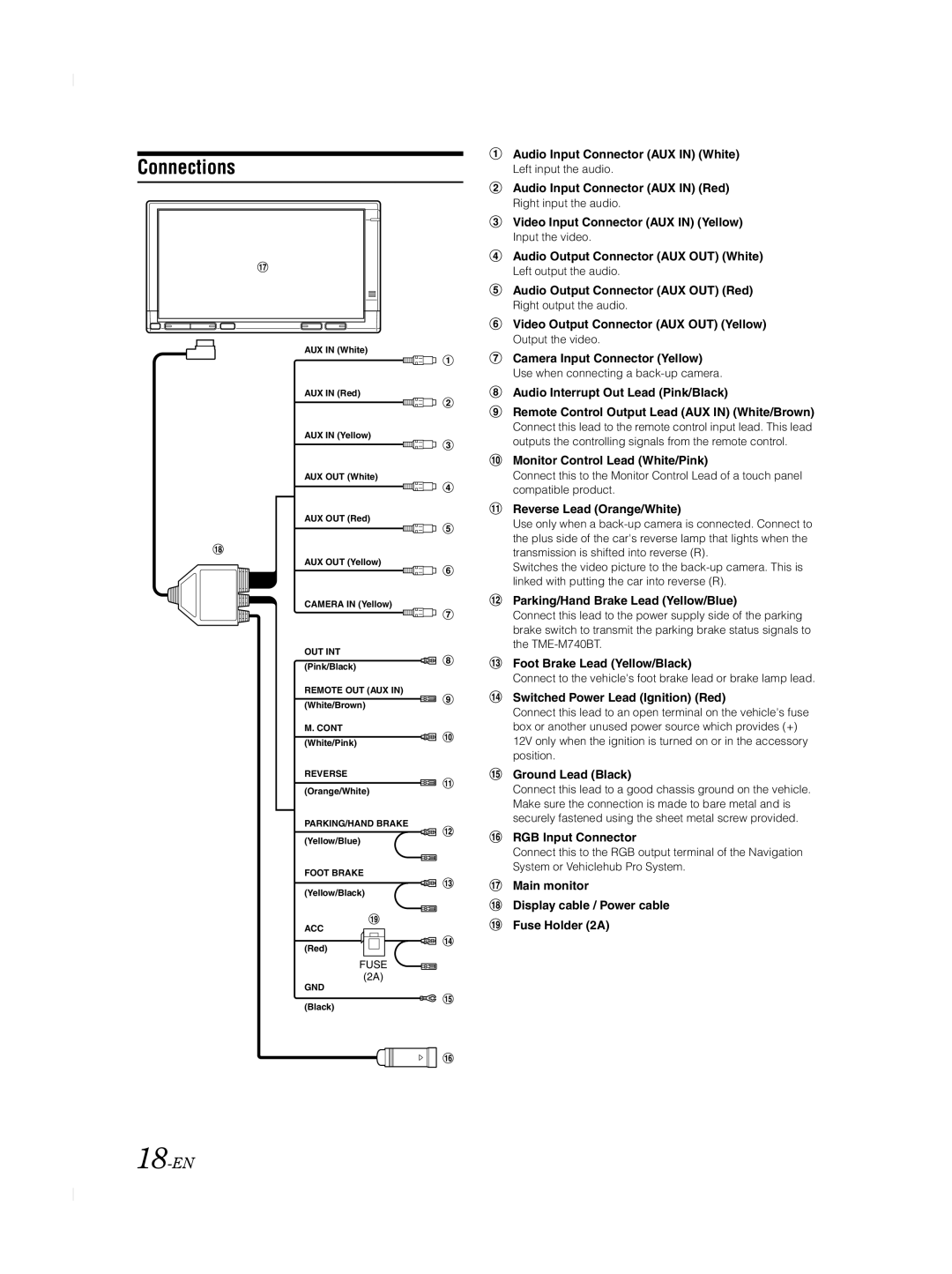 Alpine TME-M740BT owner manual Connections, 18-EN 