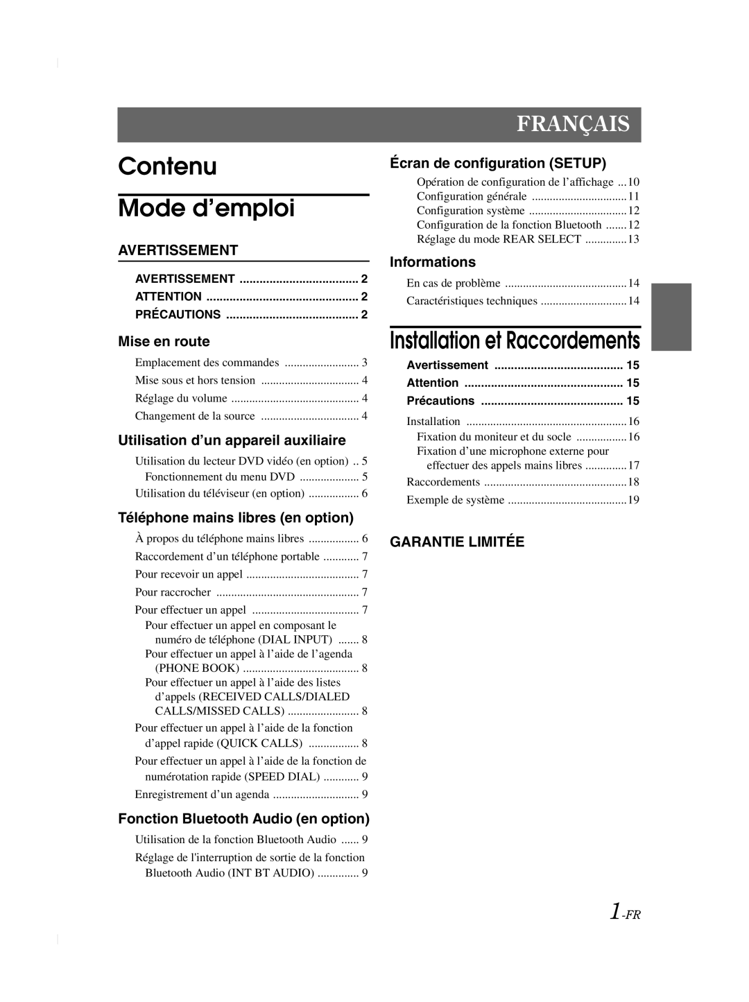 Alpine TME-M740BT owner manual Contenu Mode d’emploi 