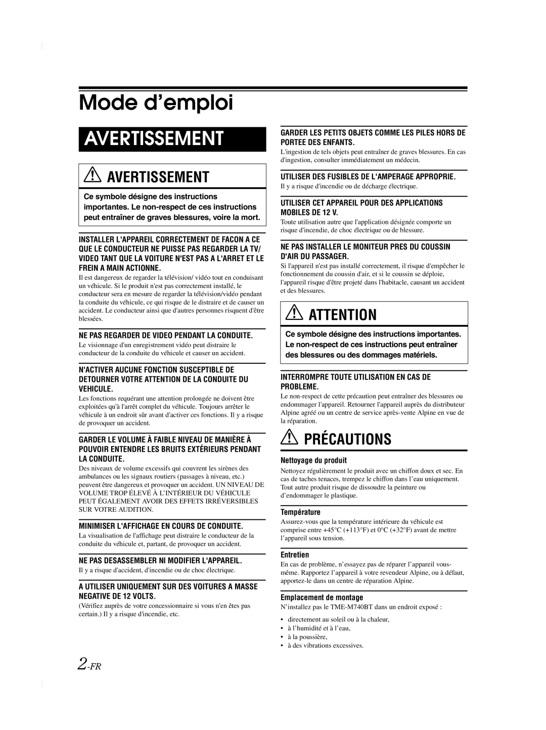 Alpine TME-M740BT owner manual Mode d’emploi 