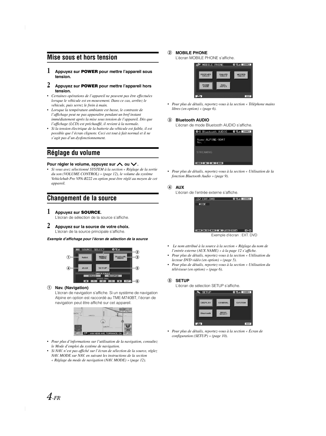 Alpine TME-M740BT owner manual Mise sous et hors tension, Réglage du volume, Changement de la source 