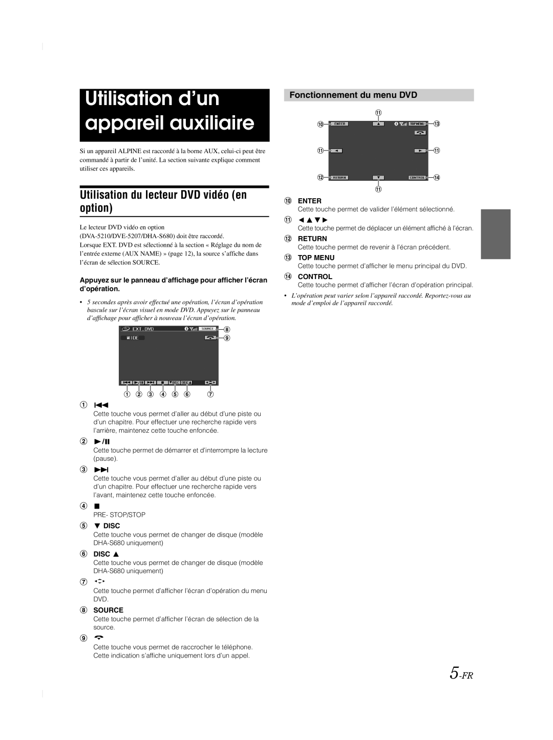 Alpine TME-M740BT owner manual Utilisation d’un appareil auxiliaire, Utilisation du lecteur DVD vidéo en option 