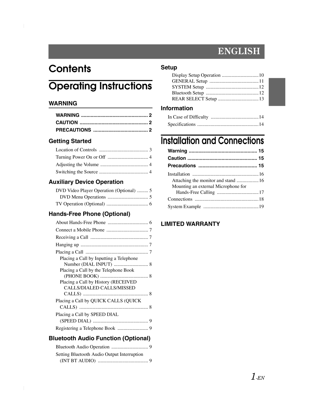 Alpine TME-M740BT owner manual Contents Operating Instructions 