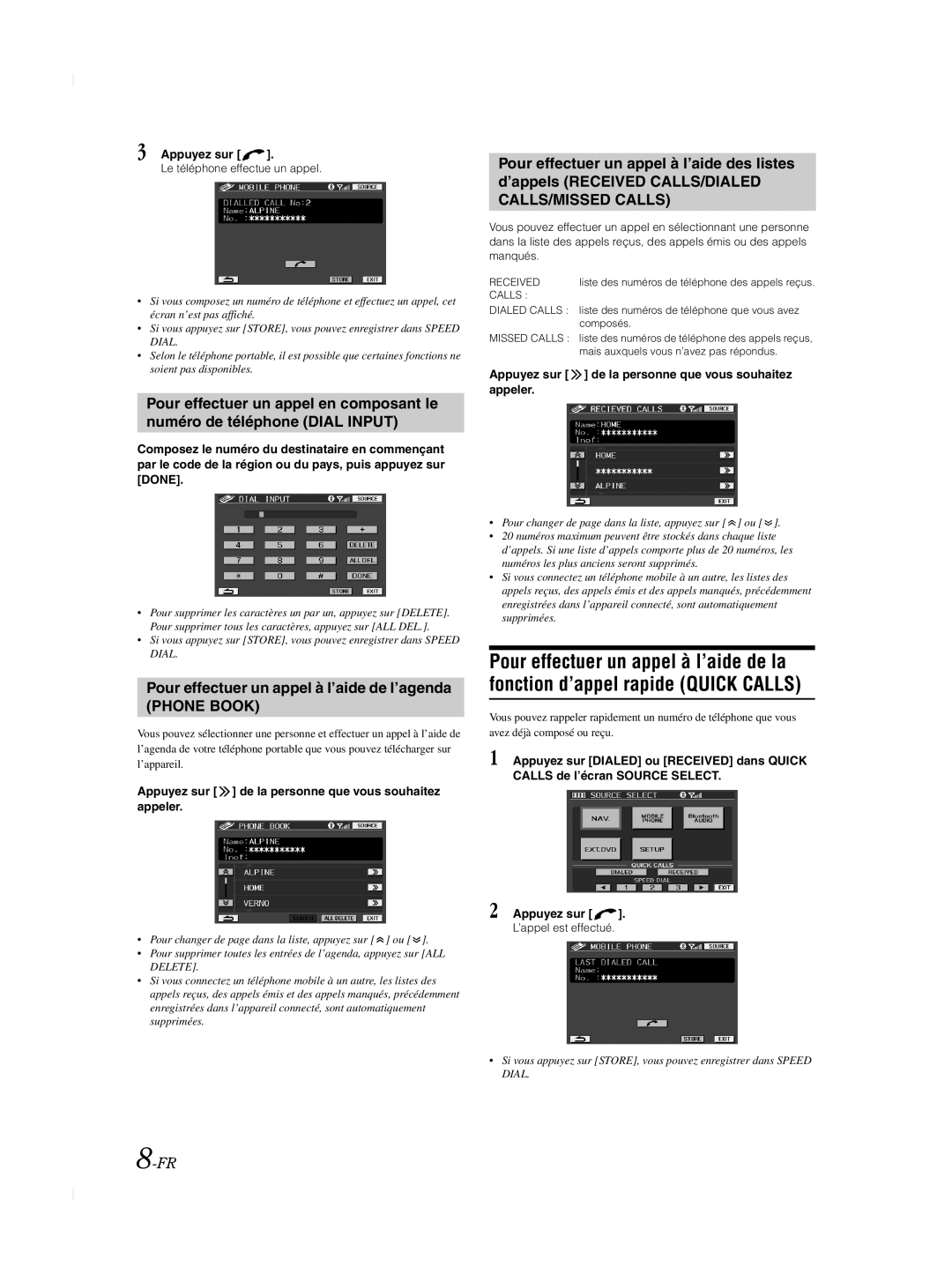 Alpine TME-M740BT Pour effectuer un appel à l’aide de l’agenda, Appuyez sur de la personne que vous souhaitez appeler 