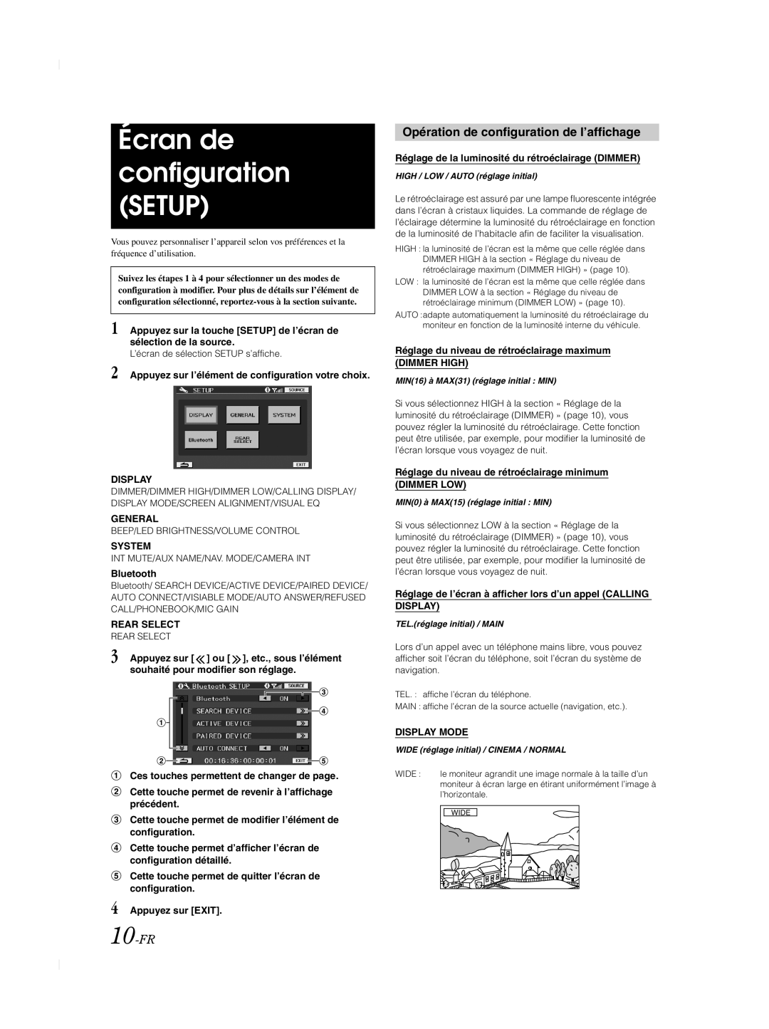 Alpine TME-M740BT owner manual Écran de configuration Setup, Opération de configuration de l’affichage, 10-FR 