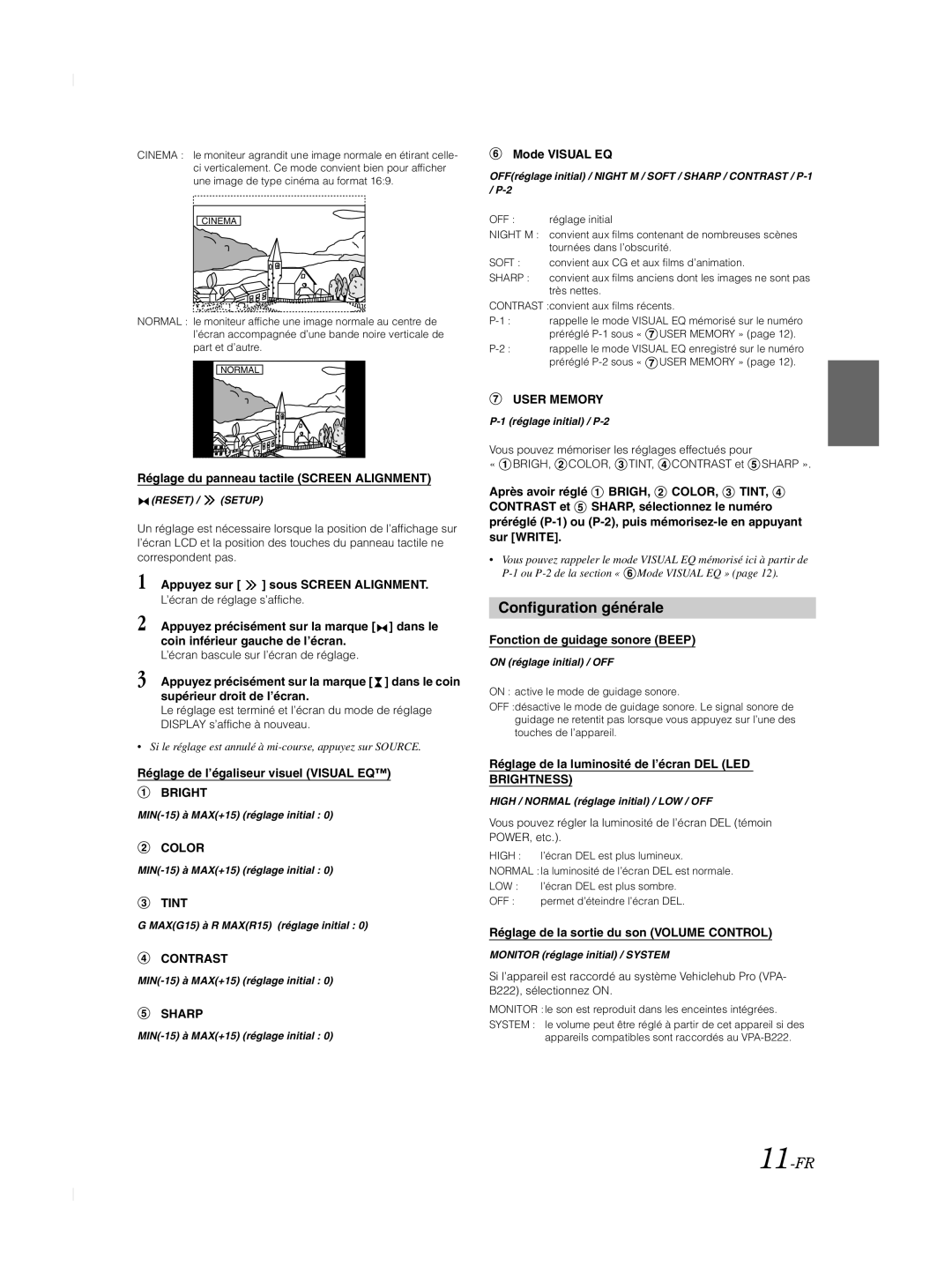 Alpine TME-M740BT owner manual Configuration générale, 11-FR, Brightness 