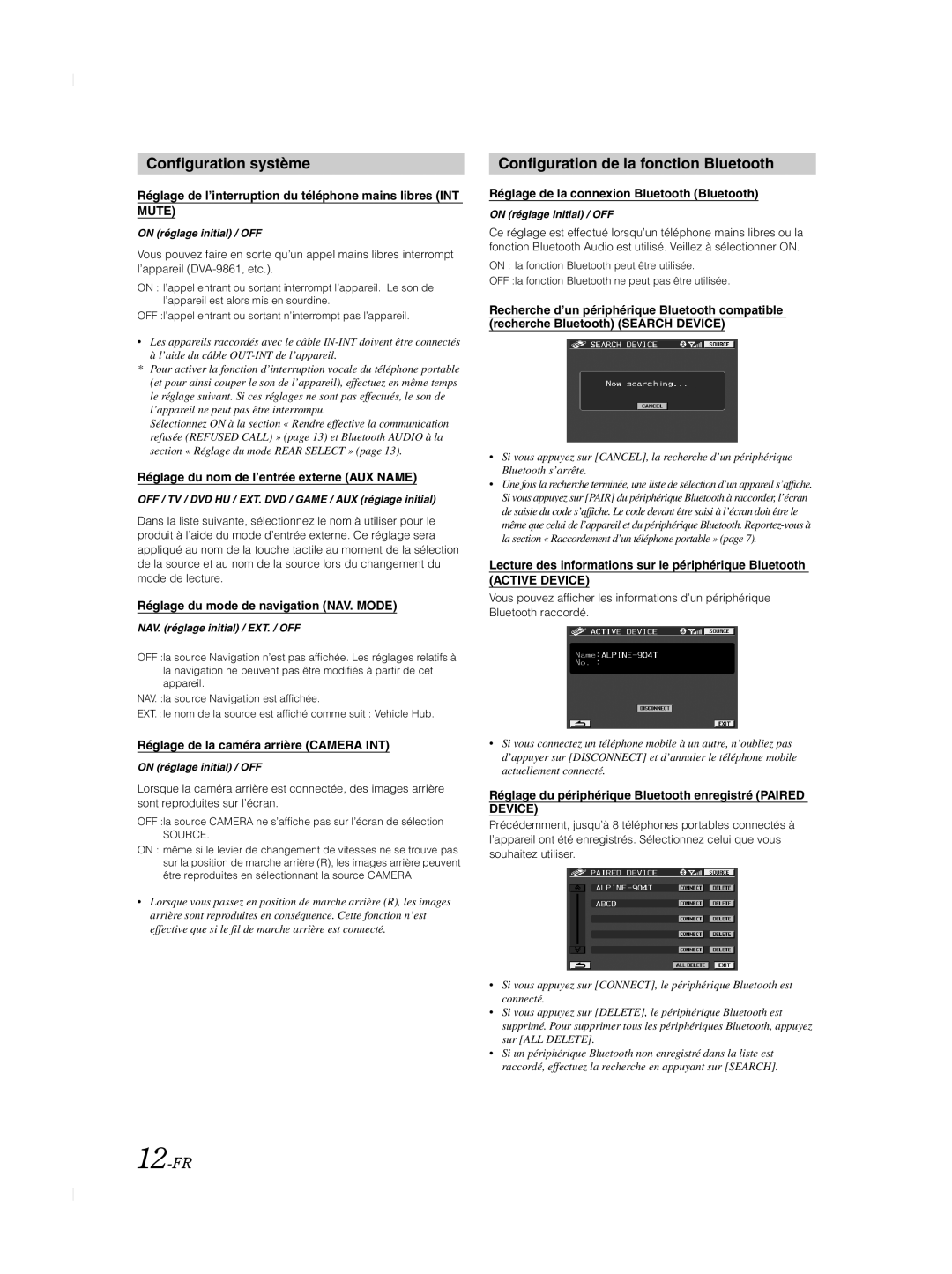 Alpine TME-M740BT owner manual Configuration système, Configuration de la fonction Bluetooth, 12-FR, Active Device 