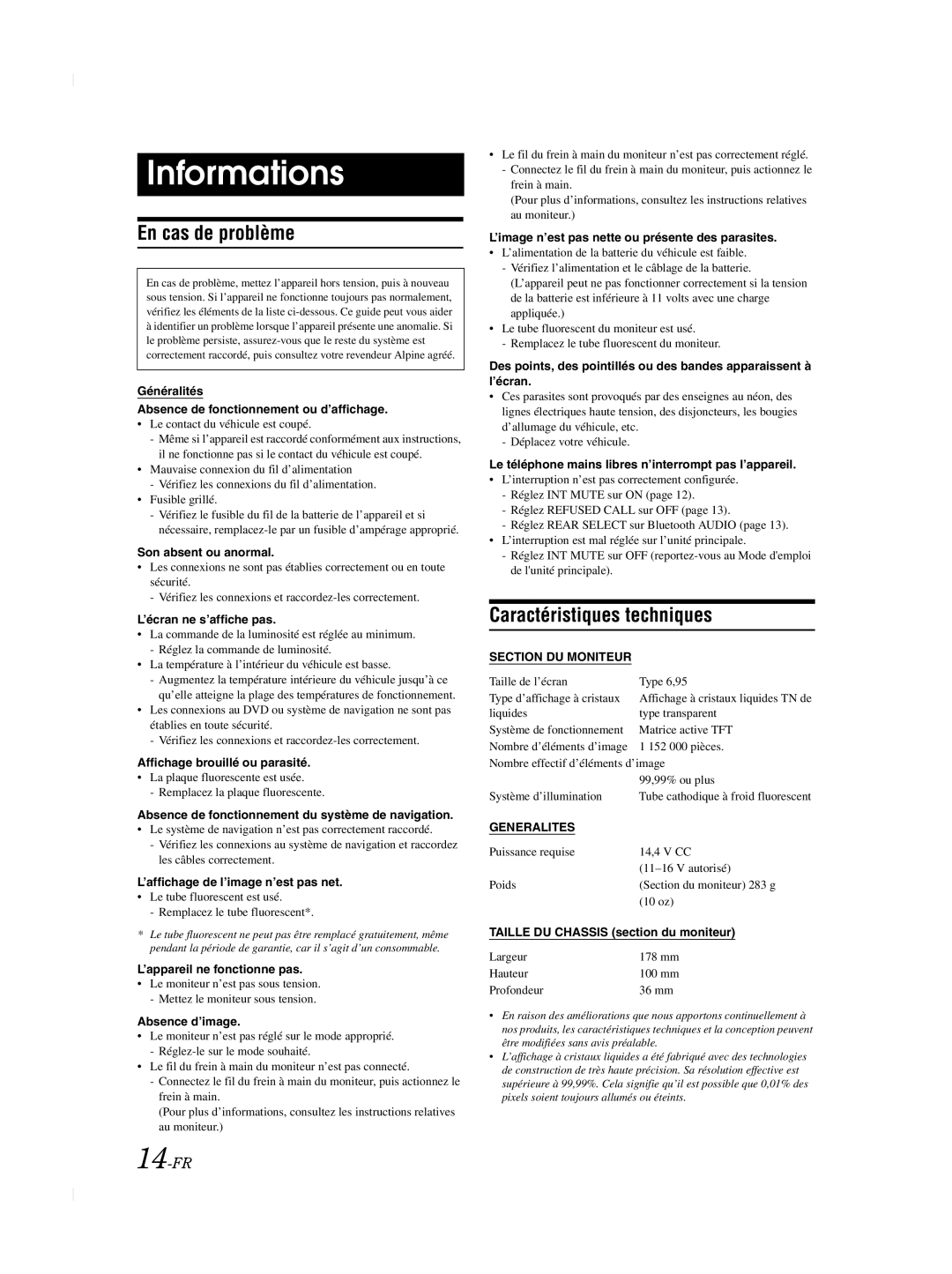 Alpine TME-M740BT owner manual Informations, En cas de problème, Caractéristiques techniques, 14-FR 