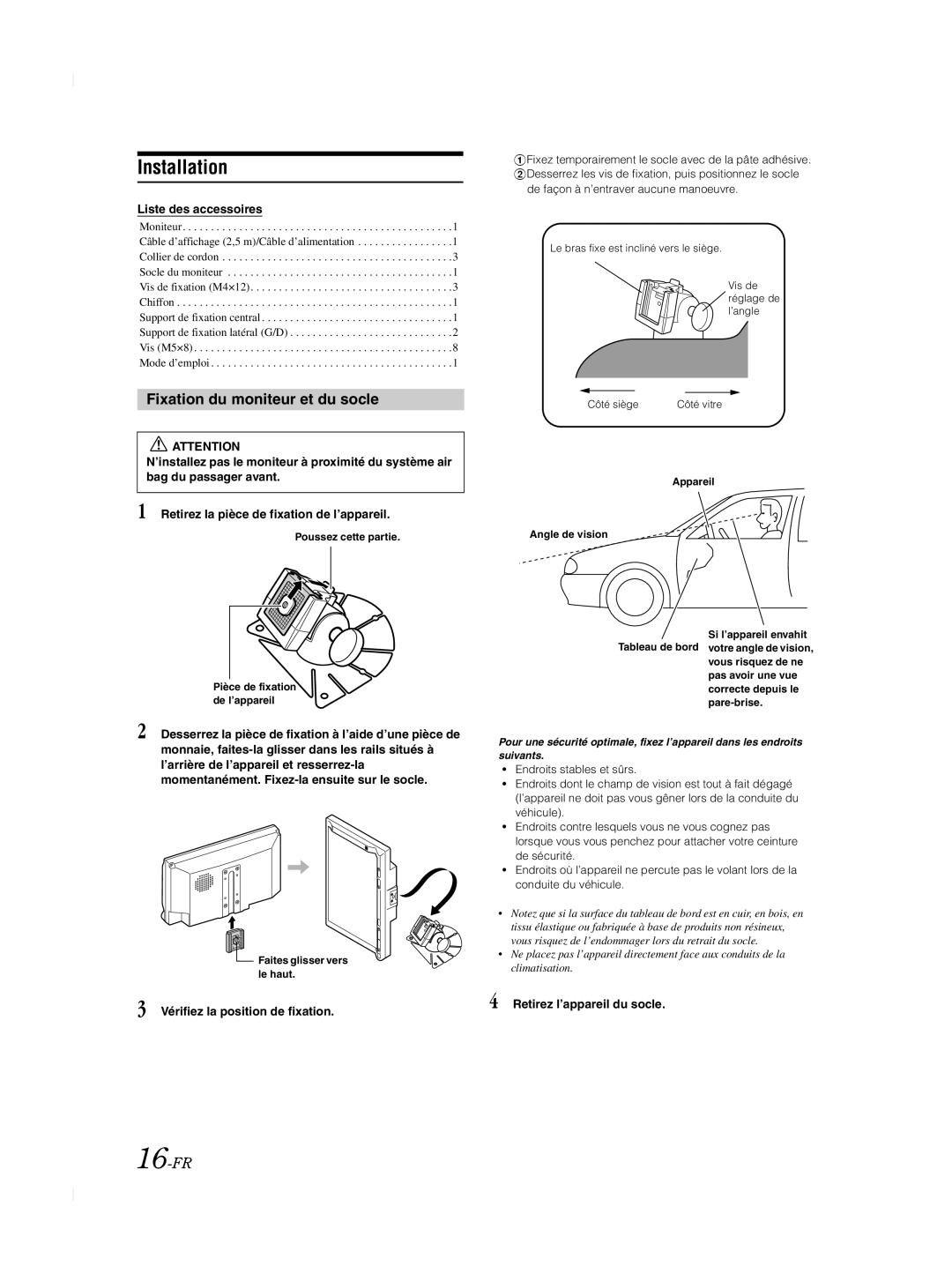 Alpine TME-M740BT Fixation du moniteur et du socle, 16-FR, Liste des accessoires, Vérifiez la position de fixation 