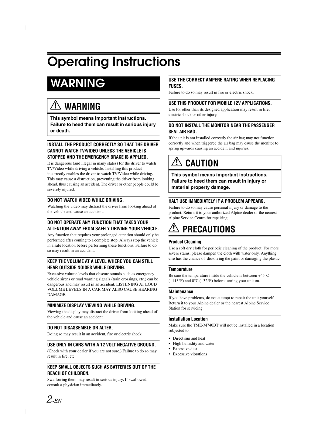 Alpine TME-M740BT owner manual Operating Instructions, USE only in Cars with a 12 Volt Negative Ground 