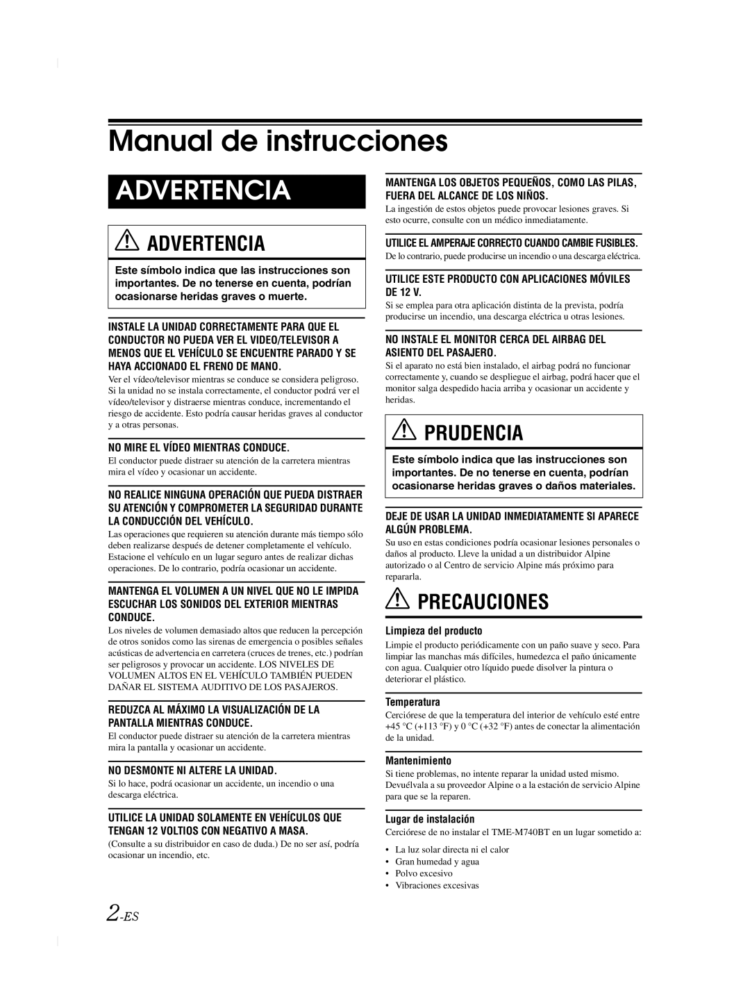 Alpine TME-M740BT owner manual Manual de instrucciones, Utilice EL Amperaje Correcto Cuando Cambie Fusibles 