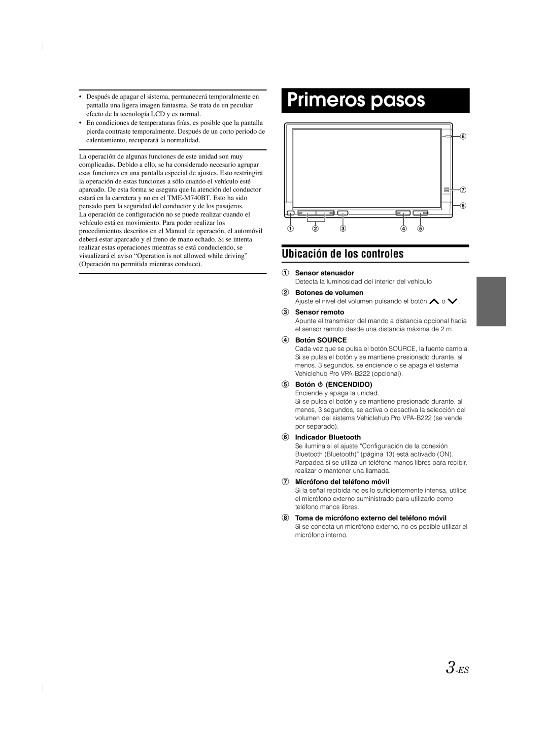 Alpine TME-M740BT owner manual Primeros pasos, Ubicación de los controles 