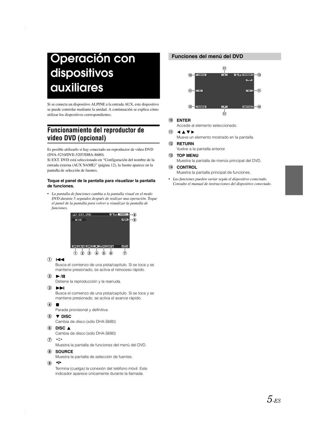 Alpine TME-M740BT owner manual Operación con dispositivos auxiliares, Funciones del menú del DVD 